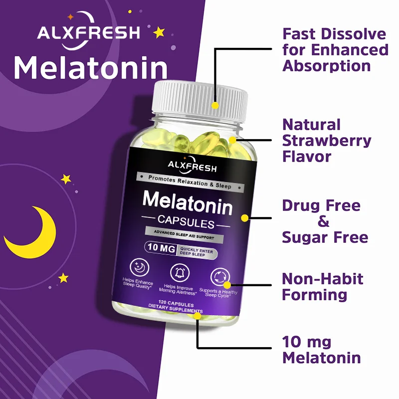 Alxfresh Melatonin 10mg with B6 | Promotes Relaxation Vegetarian, Non-GMO, Gluten Free Dietery Supplement 120/60 Capsules