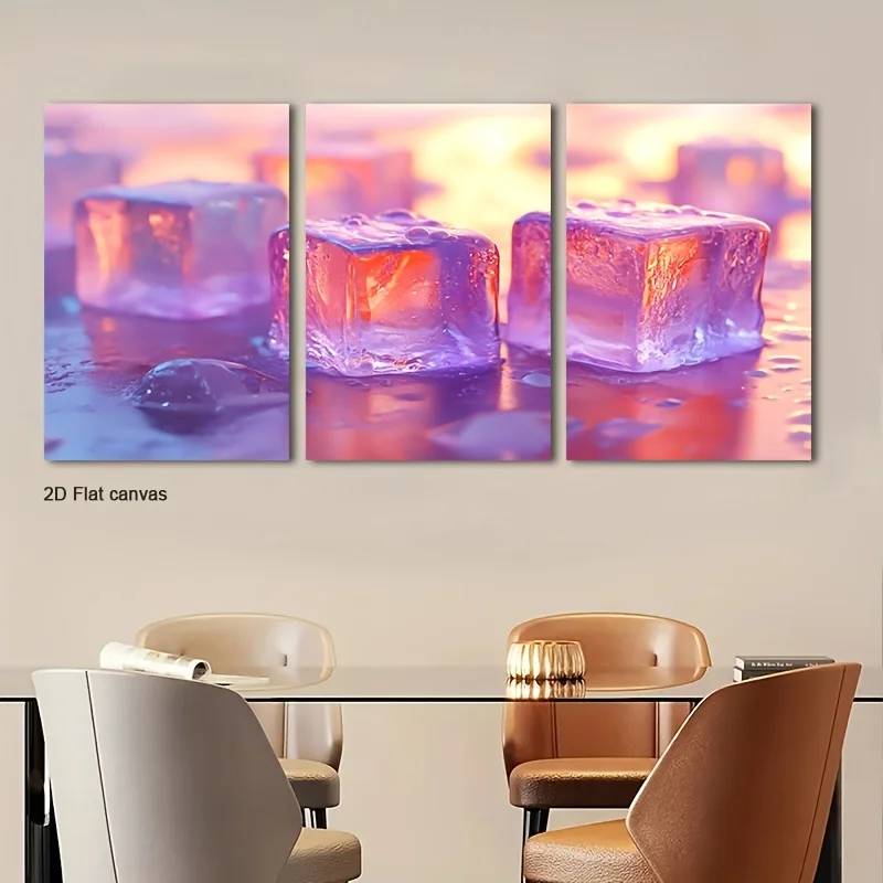 Frameless canvas 2D Flat, 2D Flat, 2D Flat Set Of 3pcs Of 2D Flat Canvas Wall Art Featuring Sunset-Colored Ice Cubes, Ready T