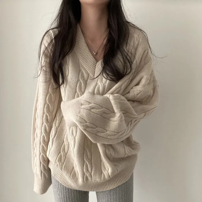 شيك المرأة محبوك سترة فضفاضة V-Ne الخريف الشتاء Thiened طويلة Sve بسيطة الملتوية مخطط تصميم رداء علوي غير رسمي