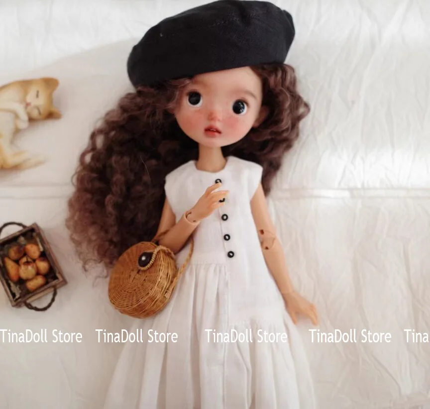 （TinaDoll Store) pure white linen one-piece dress for Landazz Landoudou/Blythe/ob22/ob24 Doll