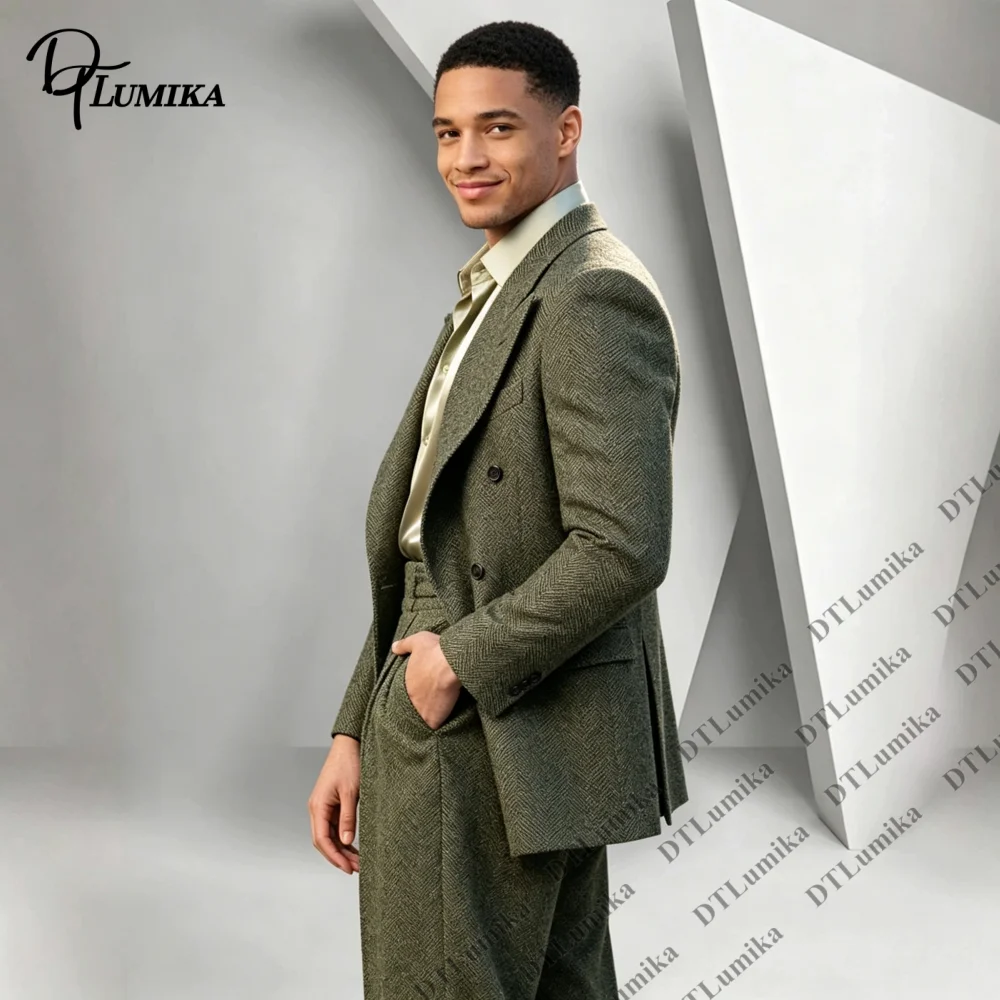 Bespoke Heritage‑styled Double Breasted Men Suit 2‑Piece Retro Wide‑leg Formal Ensemble Vintage Wedding Guest Business Dinner