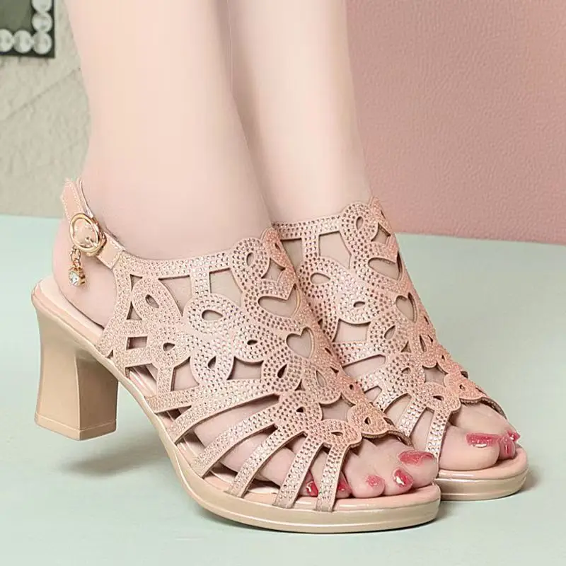 

Women's Leather Hollow Out High Heel Sandals Summer New Thick Sole Breathable Slip On Fashionable Block Heel Peep Toe Sandals