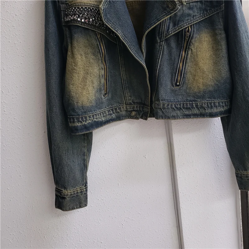 Chaqueta vaquera con cuello levantado y diamantes azules y negros Vintage para mujer, abrigo holgado corto de vaquero, chaquetas vaqueras informales coreanas para mujer