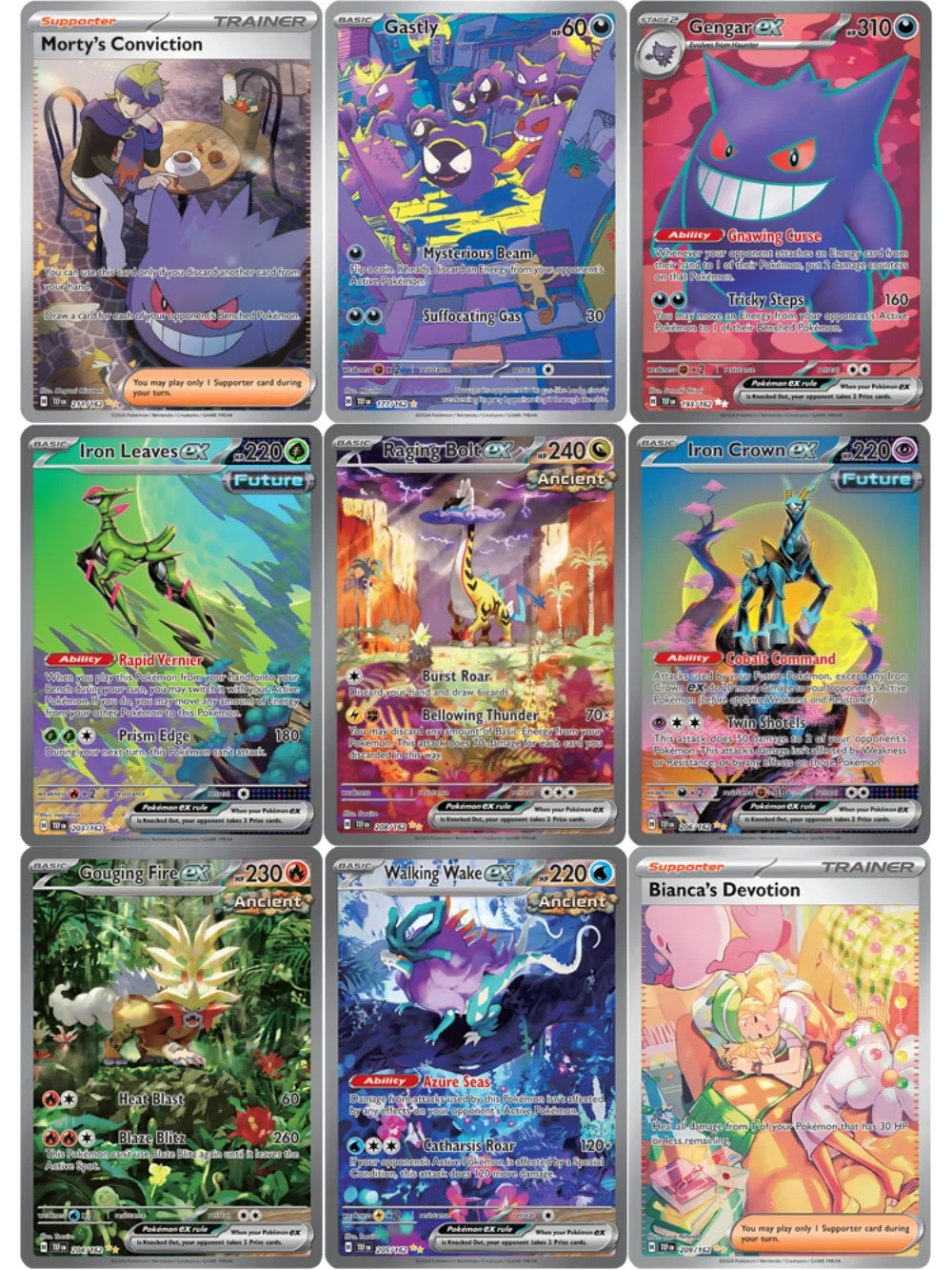 

9Pcs PTCG Pokemon Cards SV05 Temporal Forces Raging Bolt Iron Crown Gengar Ex Cards Game Cards Trading Collection Pokemon Gift