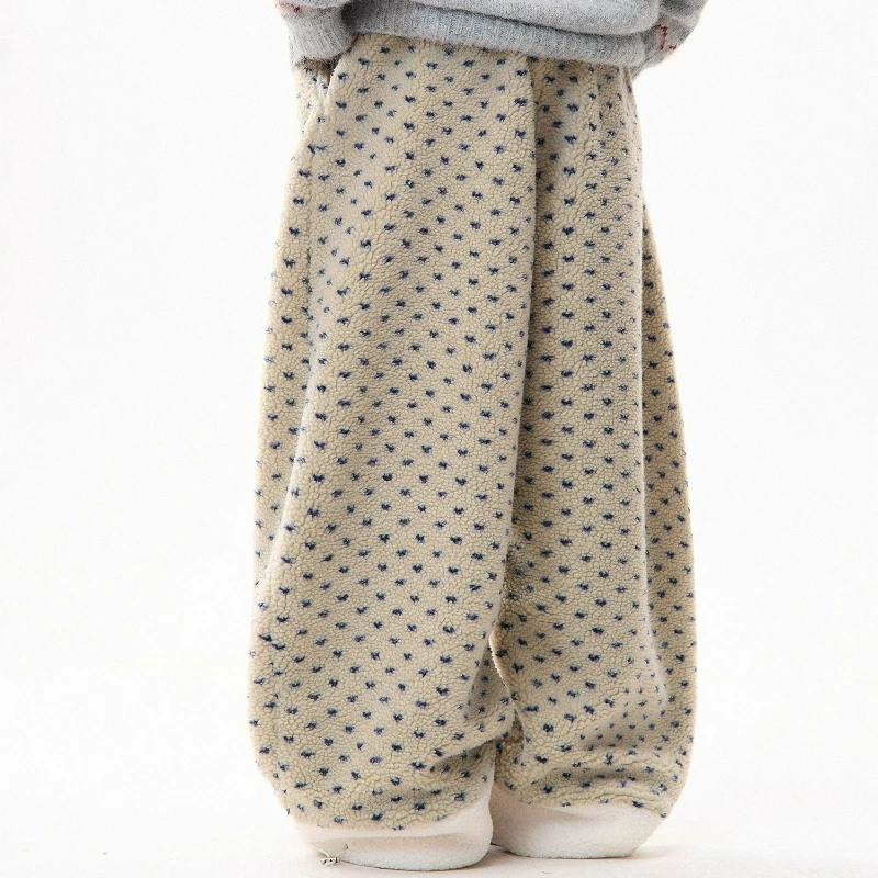 French Retro Design Floral Splicing Lamb Wool Women's Pants 2025 Winter New Loose Thin Versatile Warm Wide-leg Trousers Ladies
