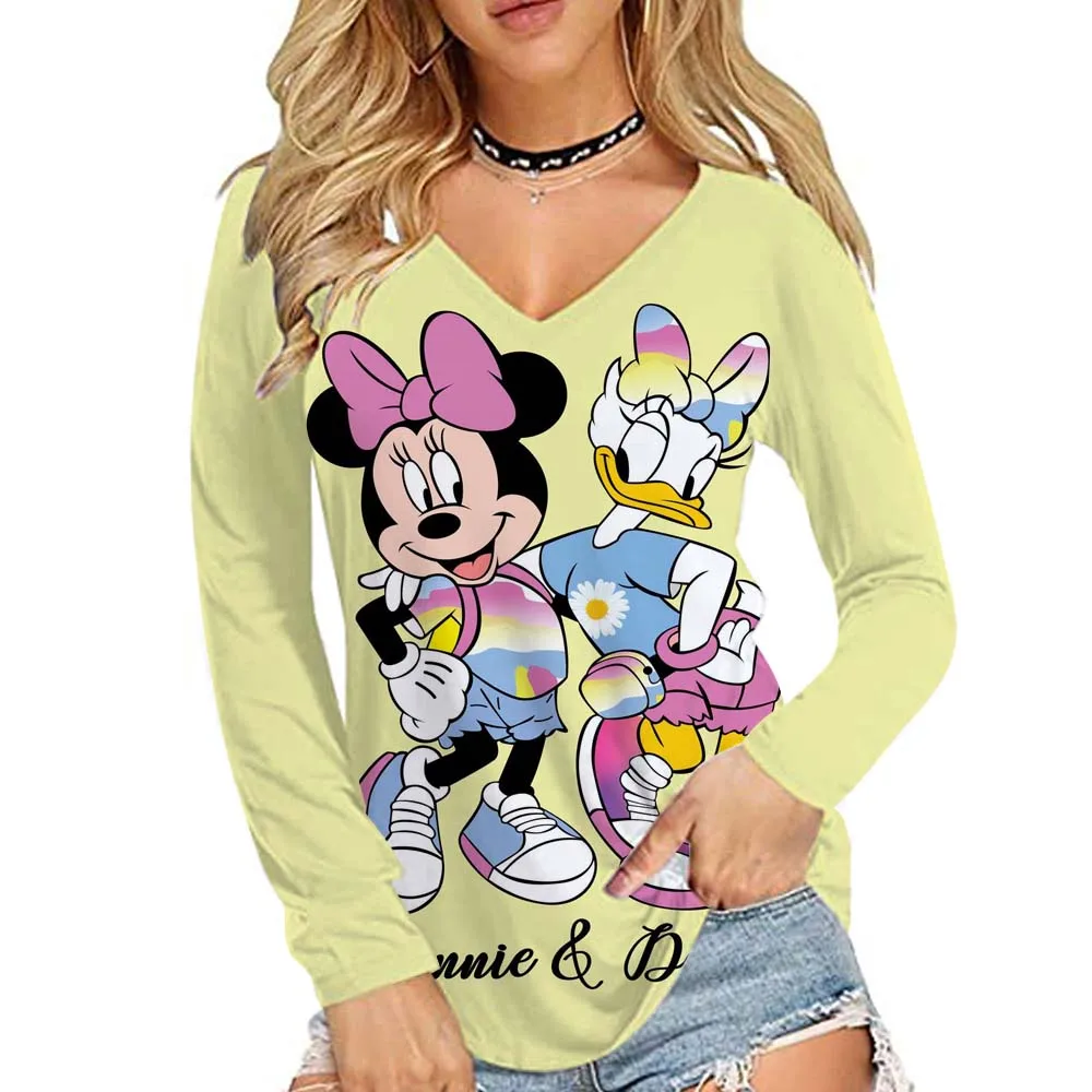 

Oversized round neck loose casual pocket T-shirt for women, long sleeved Disney Mickey Mouse printed pullover for women, fashion