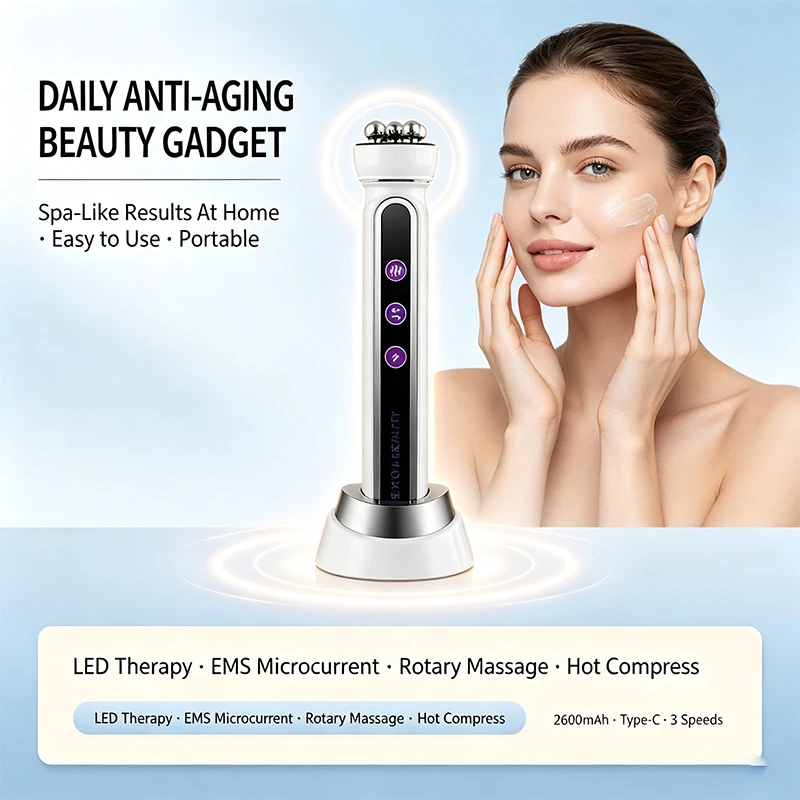 Mini Handheld Facial Heating Rotator EMS LED Light Therapy Forward Reverse Rotary Massage Skin Rejuvenation Anti Aging Massager