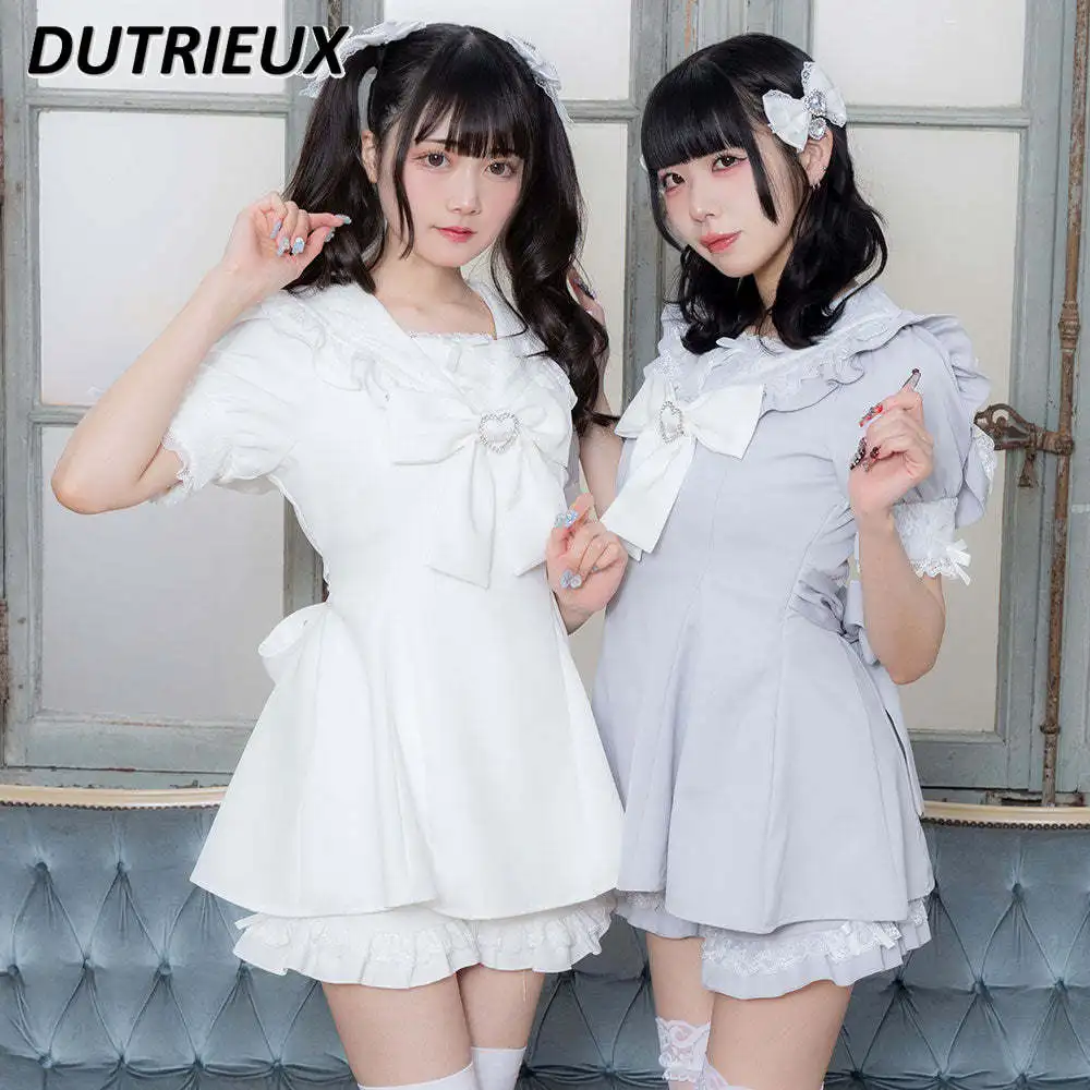 

2024 New Summer Women's Sets Japanese Style Sweet Cute Lace Big Bow Lace-up Slimming Two-Piece Suit Short Sleeve Shorts Sets