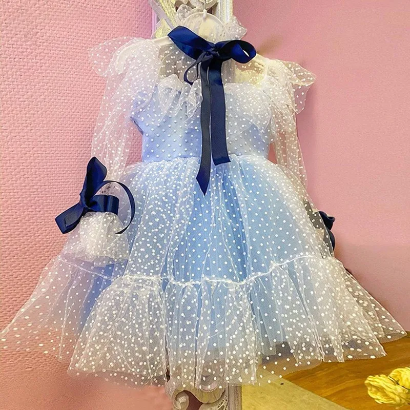 Baby Girl Princess Bow Tutu Dress Long Sleeve Toddler Child Dot Tulle Dance Vestido Birthday Wedding Party Baby Clothes 2-13Y