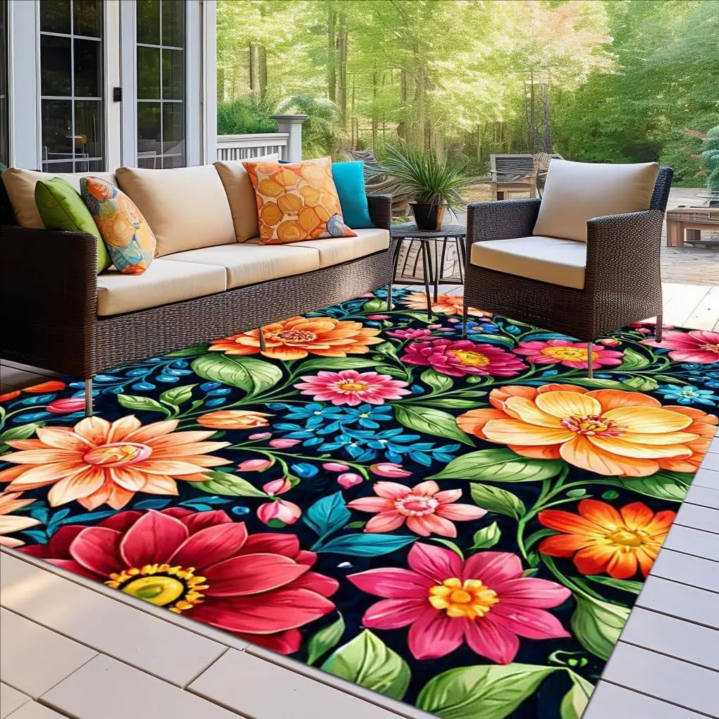 Retro Botanical Floral Outdoor Area Rug 3D Multicolor Blooming Flowers Outside Carpet for Backyard Courtyard Garden Spring Summe