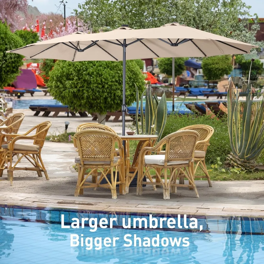 15 foot patio umbrella, including base, double sided outdoor large rectangular patio umbrella, crank, for lawn gardens