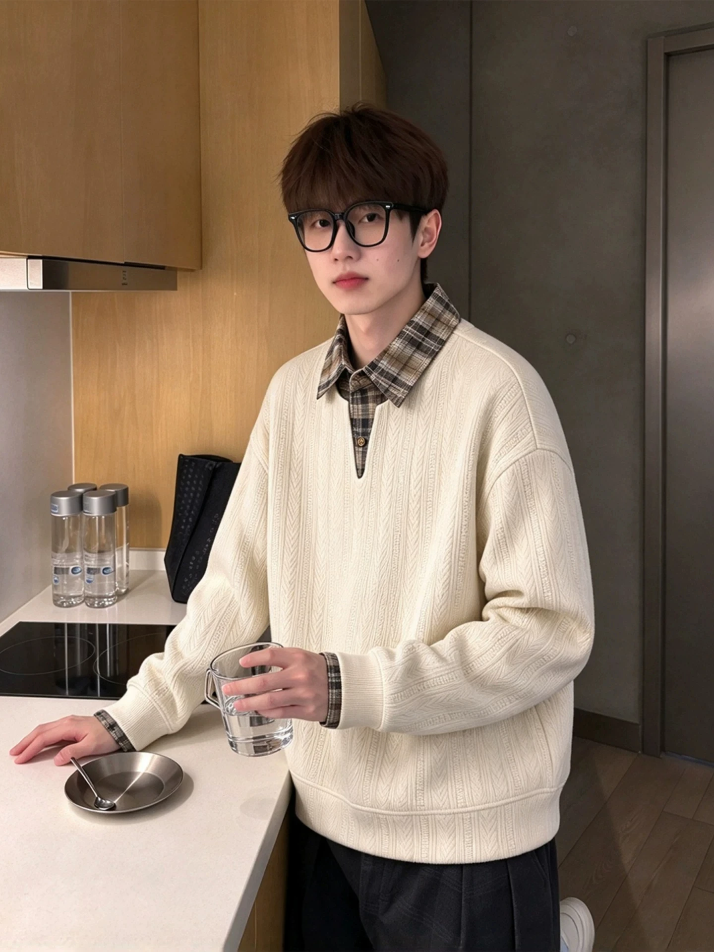 American Retro Wheat Ear Pattern Fake Two-Piece Hoodie Men's Autumn Casual Long Sleeve Turn-down Collar  Shirt