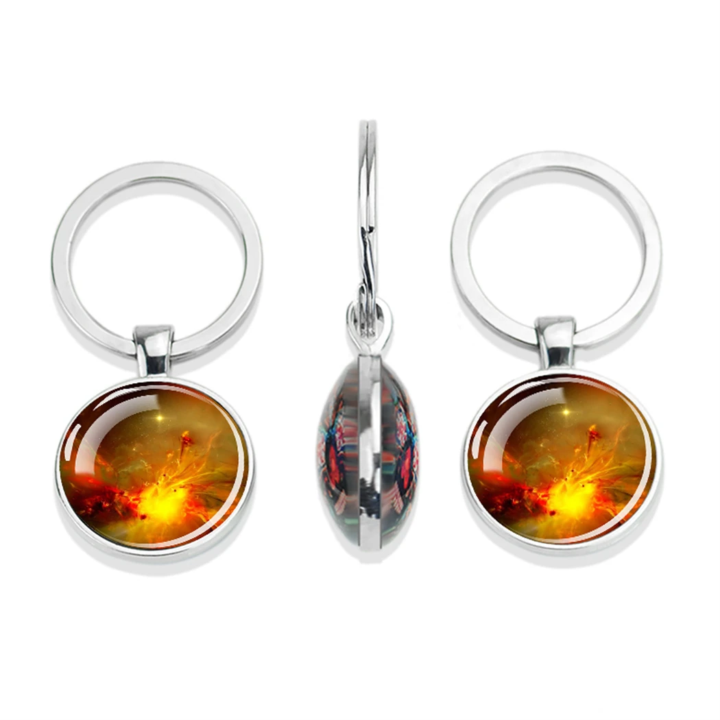 Cosmic Landscape Pattern Keychain Outer Space Nebula Meteor Celestial Body Double Sided Glass Dome Pendant Silver Colour Gift