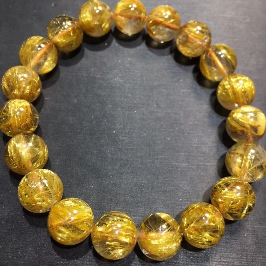 Natural Gold Rutilated Titanium Quartz Bracelet 10.5mm Woman Men Wealthy Clear Round Beads Jewelry From Brazil AAAAAAA