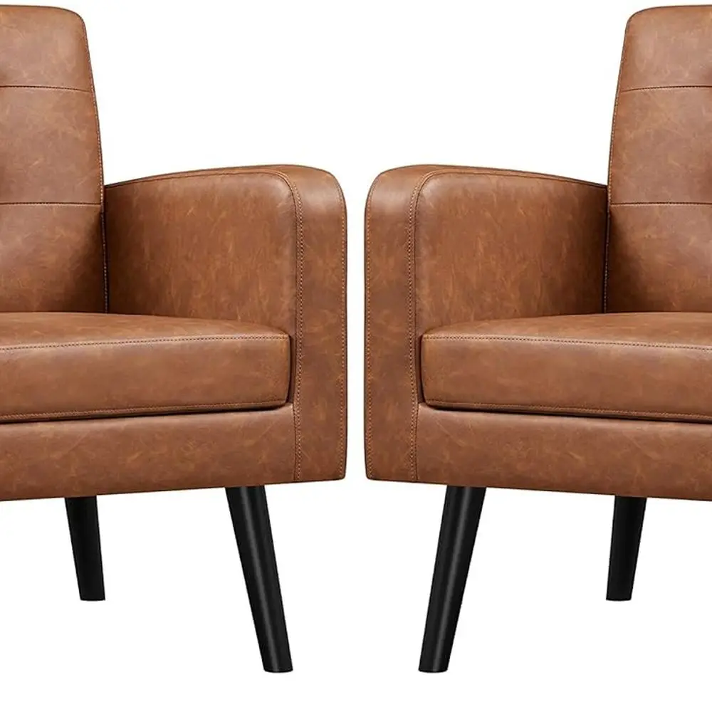 

Современные стулья середины века из искусственной кожи с акцентом, кресла на пуговицах с деревянными ножками, коричневые, набор из 2 шт. для гостиной, спальни, o