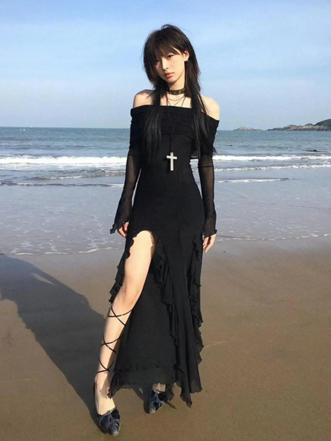 MAGOGO Elegant Fashion Dark Ruffles Split Long Dress Gothic Slash Neck Long Sleeve Maxi Dresses For Women 2025 Holiday Beach