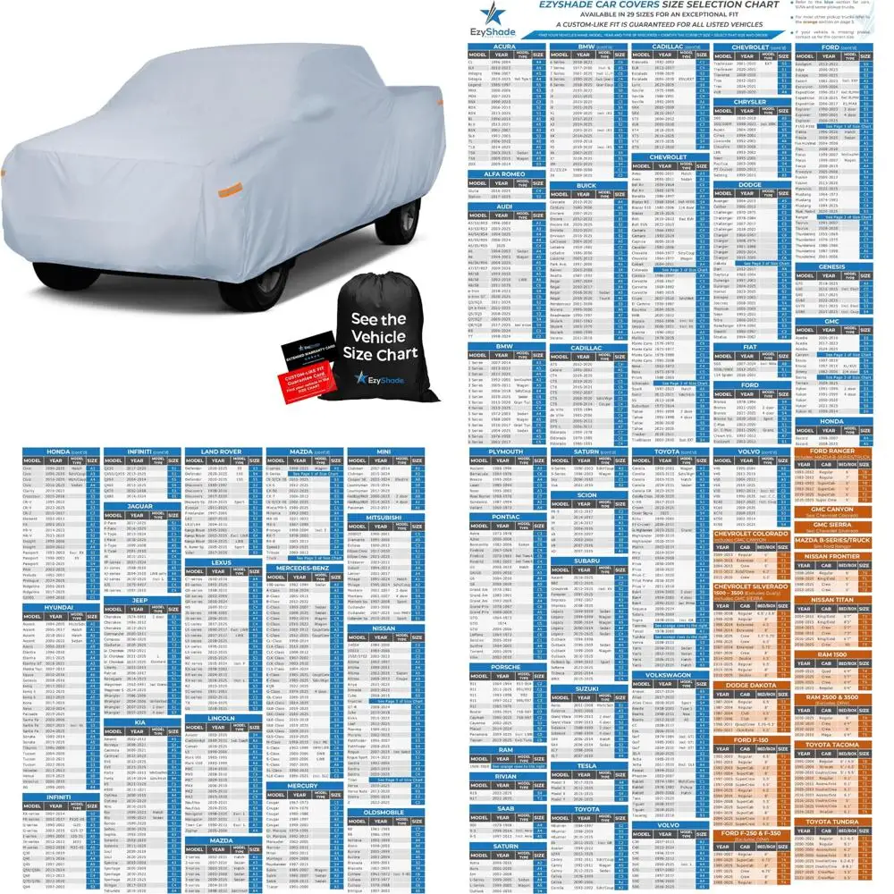 

All-Weather Waterproof 10-Layer Full Outdoor Pickup Truck Cover - Vehicle Size Chart for Perfect Fit