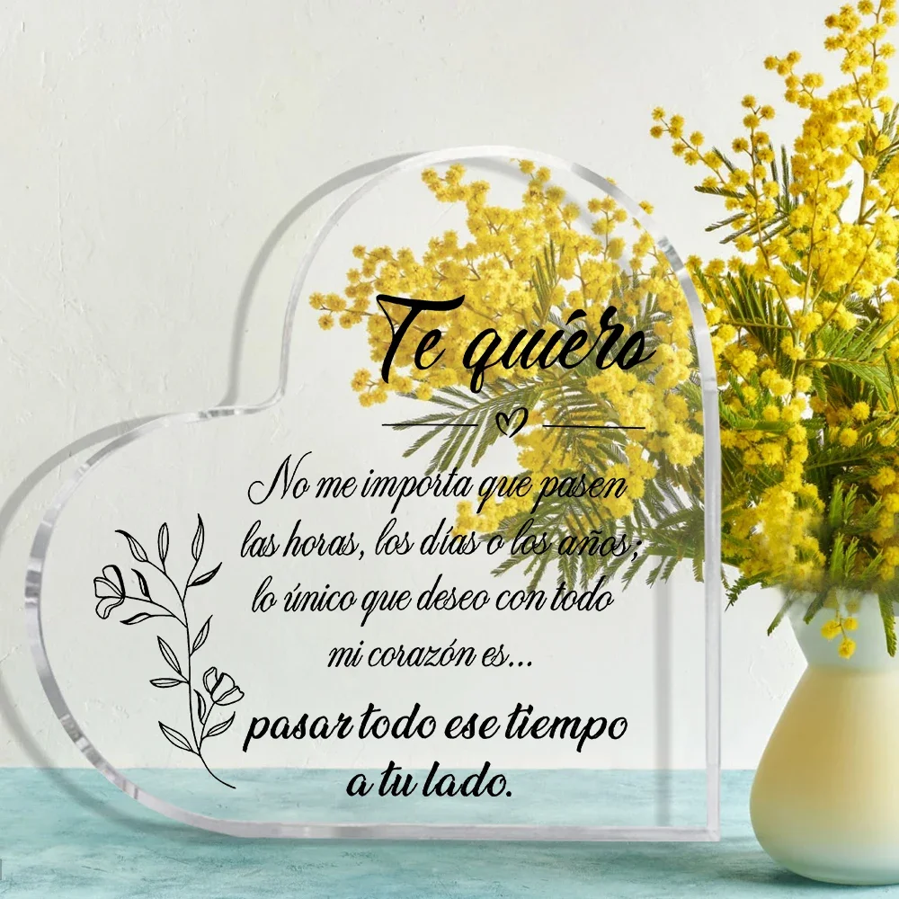 Heart Shaped Clear Acrylic Plaque, Spanish Te quiero Romantic Love Text Floral Pattern Desktop Ornament, Sentimental Keepsake Gift for Anniversary Valentine’s Day Home Table Decor
