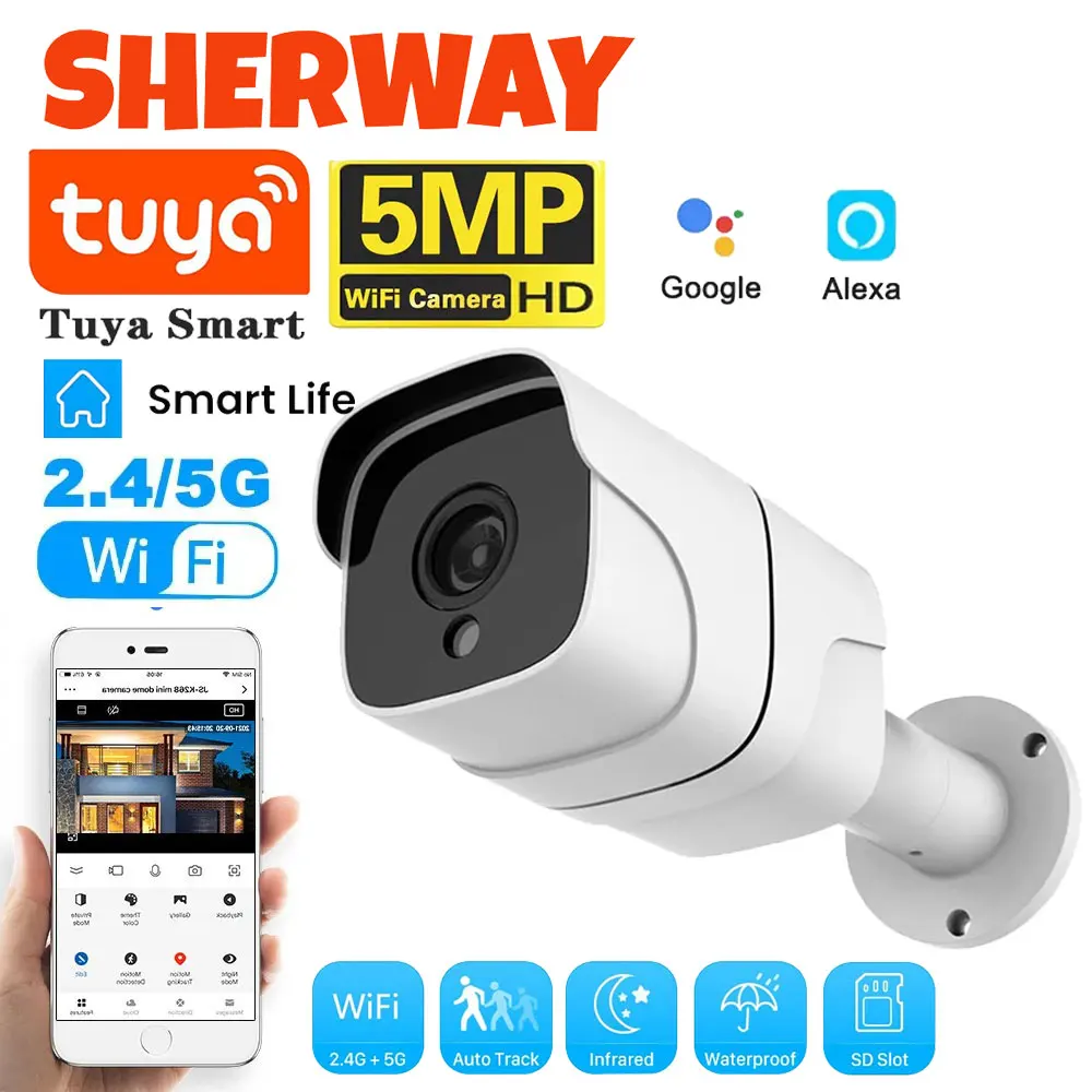 Tuya 5G Wifi IP Camera Outdoor Bullet 5MP Home Security Camera Motion Detection 1080P HD Color Night Vision Audio Surveillance