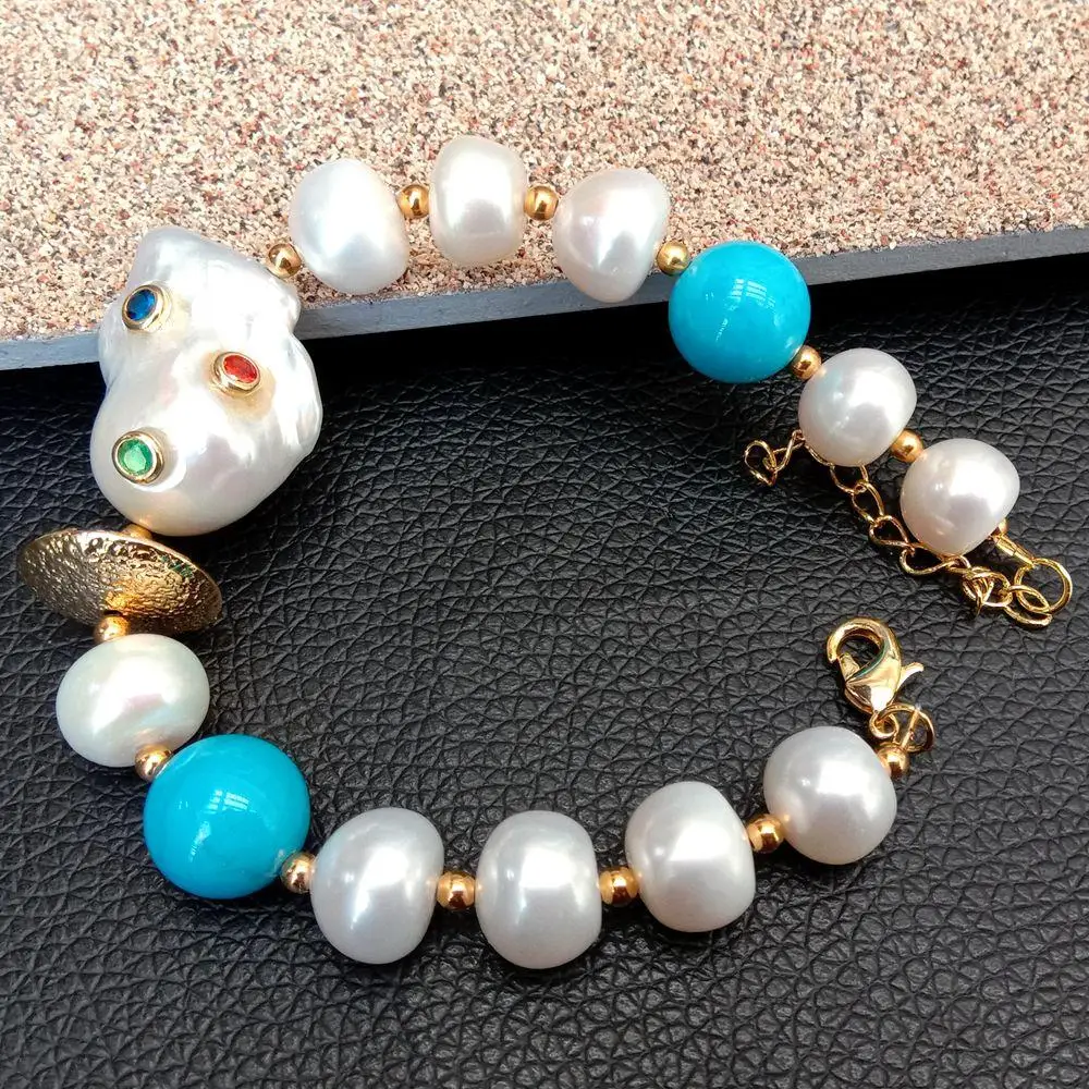 Natural White Freshwater Pearl Blue Howlite Big Reborn Keshi Pearl CZ Pave Beaded Bracelet Extender 8'' Gold Color Plated Clasp