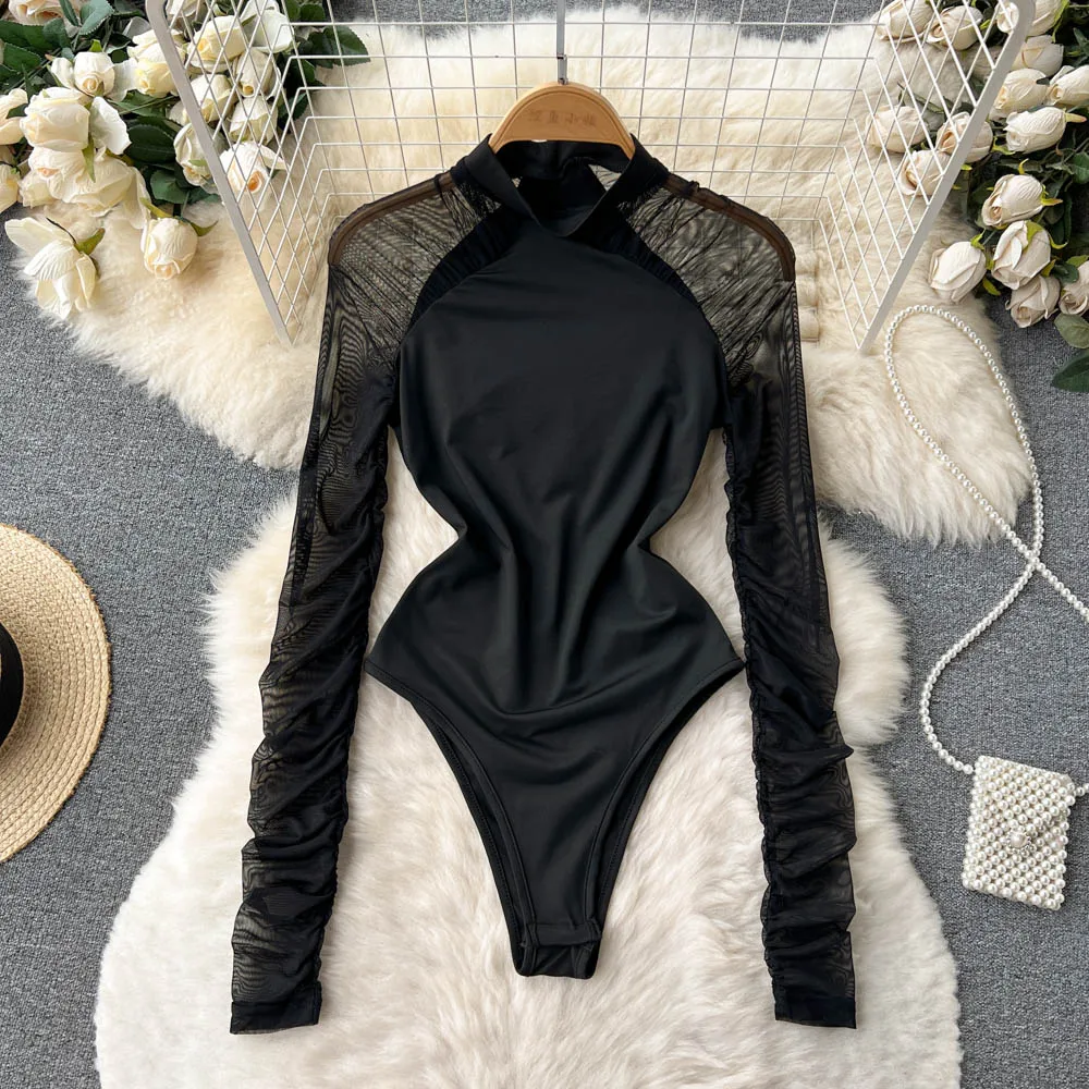 Sexy Gauze Folds Solid Bodysuit Fashion Long Sleeve O-neck One Piece Basic Hotsweet Women Gothic Slim Streetwear Jumpsuit Ins