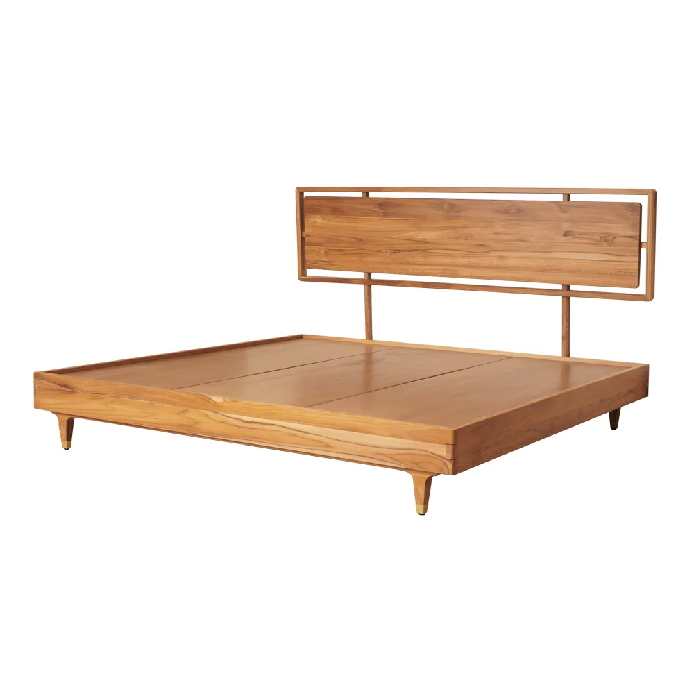 YYHC High Quality South American Teak 5Ft Floating Bed Frame With Reinforced Structure And Brass-Embellished Bed Legs