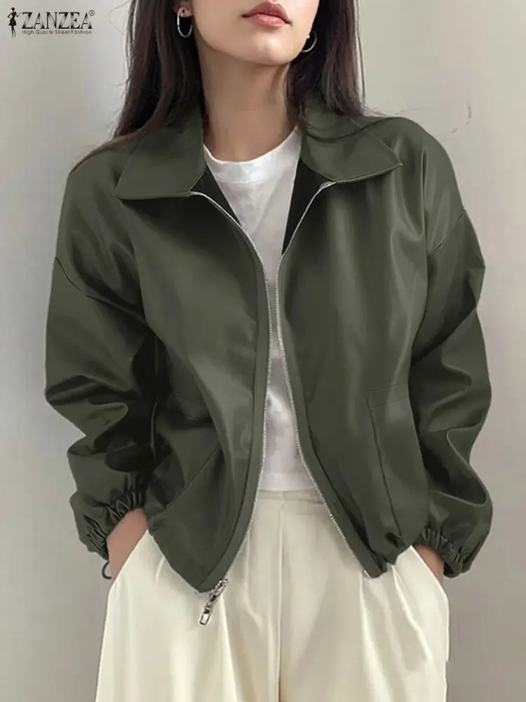 

ZANZEA Stylish PU Leather Women Jackets FW 2025 Turn-Down Collar Long Sleeve Zip-Up Solid Color Faux Leather Coats Streetwear