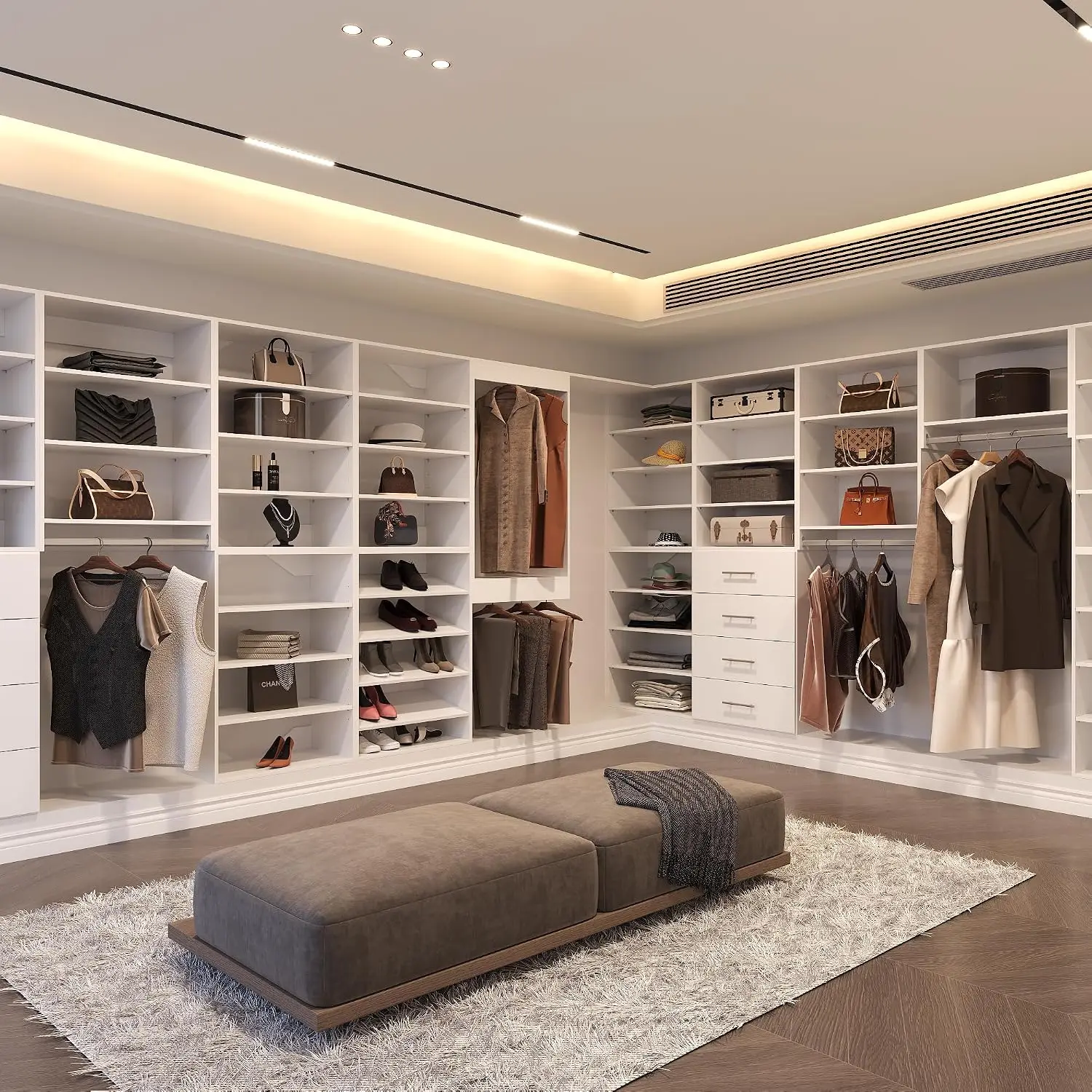 Modular Wood Closet Organizer with Double Hanging Rods & Storage Shelves for Walk In Bedroom Wardrobe, 34.5