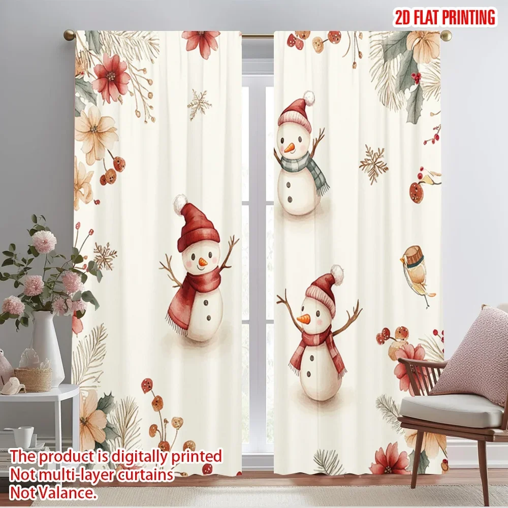 2pcs,2D plane printing Light Filtering Curtains Cute Snowmen And Bird Border (2) Versatile Polyester Fabric (without rod)
