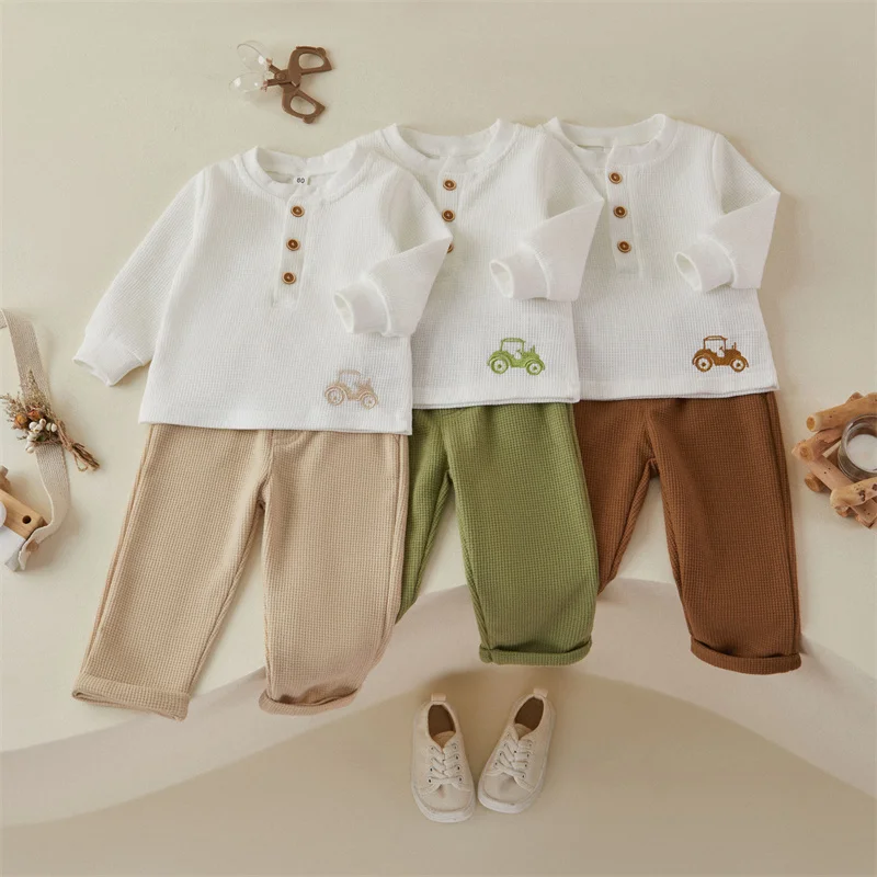 Tregren 6M-5Y Toddler Infant Kid Baby Boy Girl Clothes Sets Car Embroidery Long Sleeve Tops Pants Fall Spring Outfit