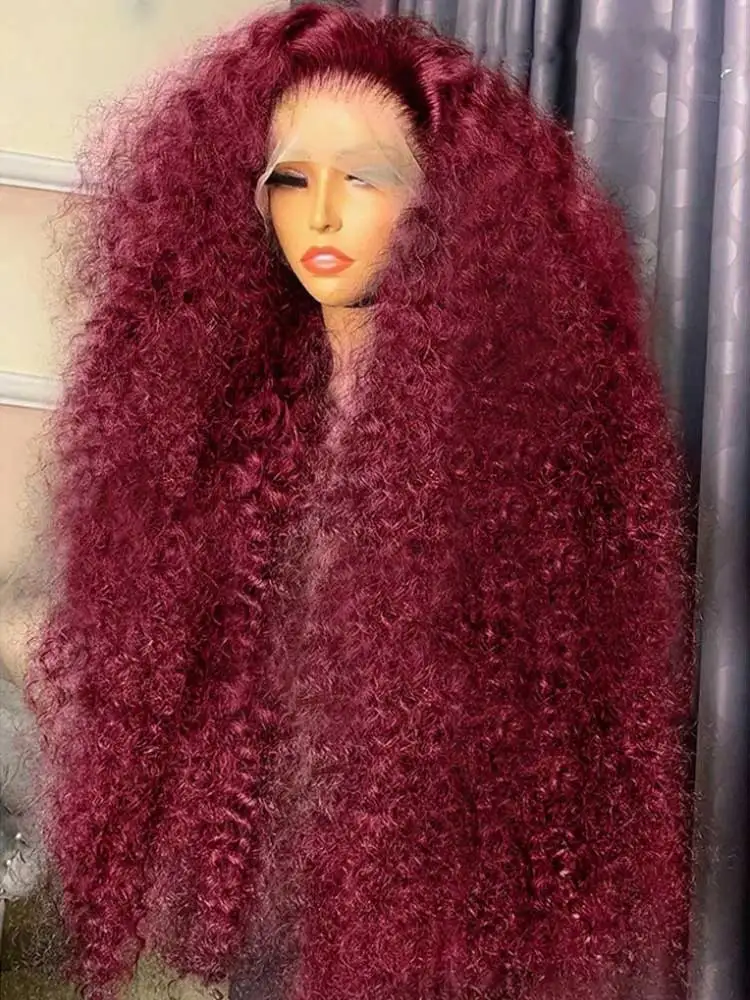 250% 13x4 HD Transparent Deep Wave Frontal Wig Colored 99j Burgundy Deep Curly Lace Front Human Hair Wigs Preplucked For Women