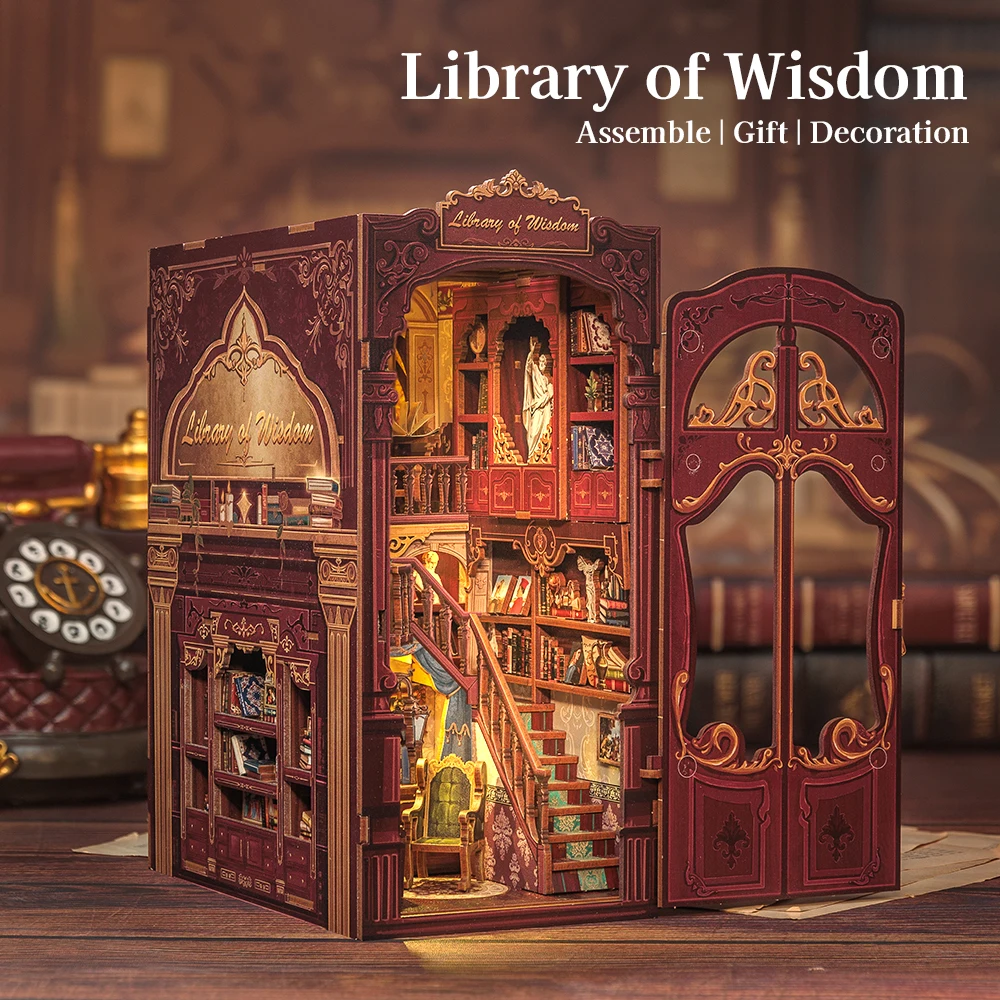 CUTEBEE DIY Doll House Book Nook Kit Miniature Model with Light Dust Cover Bookshelf Insert Library of Wisdom for Home Decor