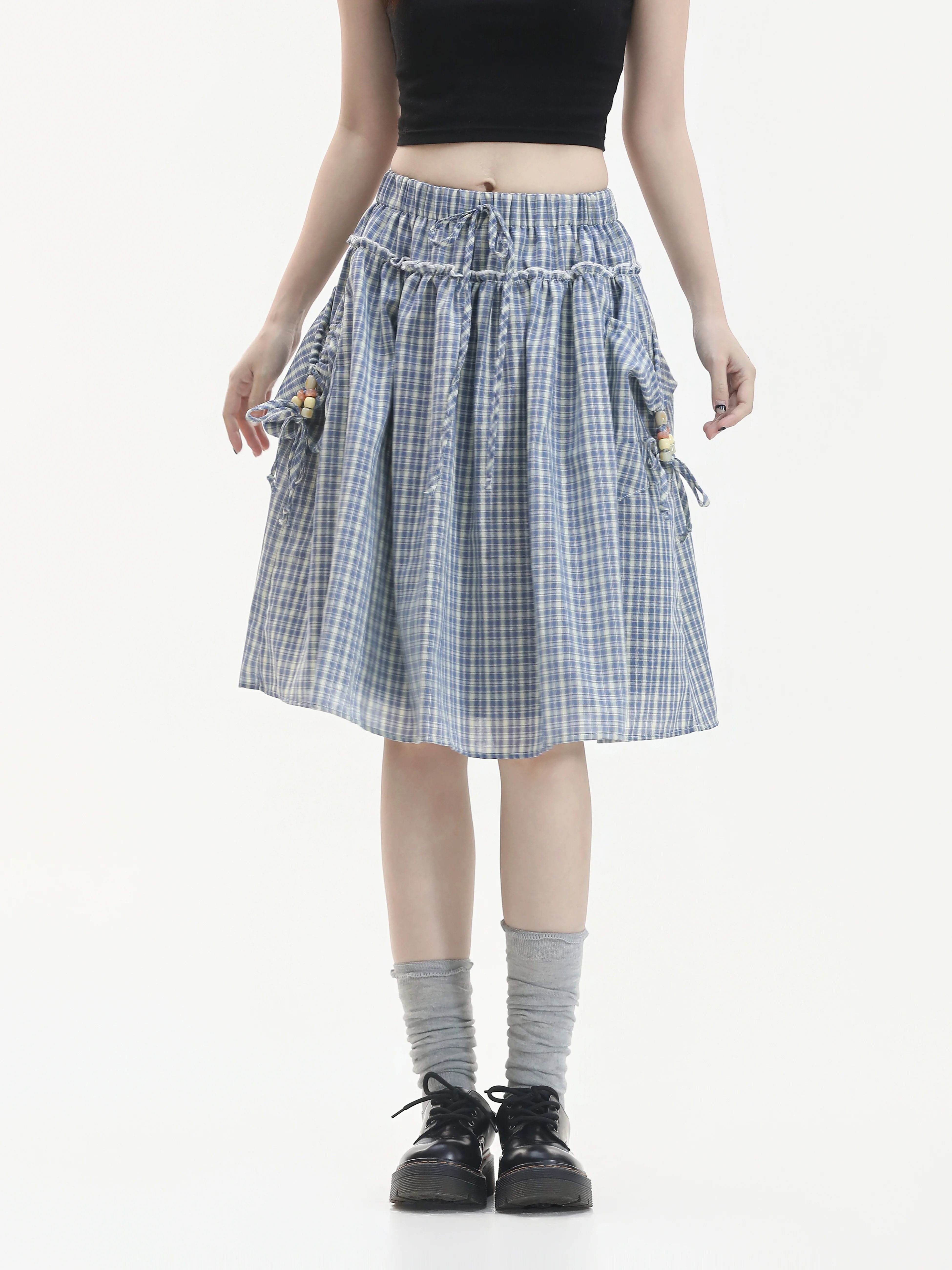 Korean Style Plaid Half Skirt Women's Vintage Wood Ear Loose Waist Umbrella Skirt with Big Pockets Casual High Waist A-Line S...