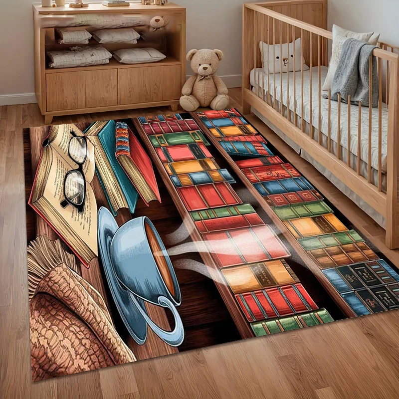 Area Rug Carpet Non Slip Retro Bookshelf Coffee Cup Floor Mat for Nursery Bedroom Living Room Kids Room Home Decor Dorm Gift