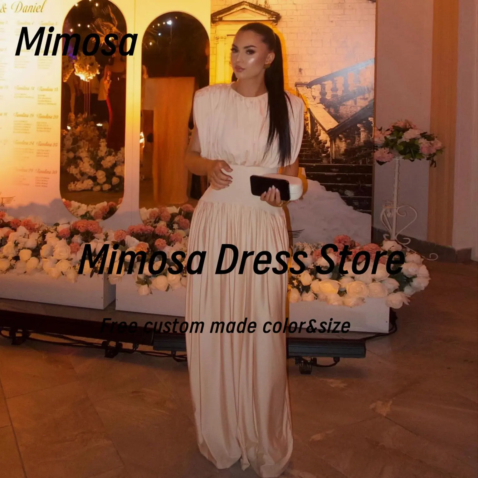 

Mimosa Вечерние платья для выпускного вечера с круглым вырезом без рукавов Vestidos Des Fiesta Длинные рюши для свадебной вечеринки Специальное платье Женская одежда по индивидуальному заказу