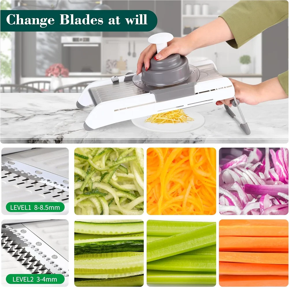 قطاعة ماندولين للمطبخ مع شفرة قلي من الفولاذ المقاوم للصدأ، قطاعة خضراوات قابلة للتعديل، قطاعة طعام، ملحقات المطبخ
