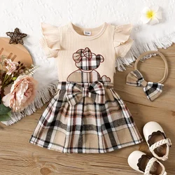 0-18 Months Summer New Baby Girl Bear Print Lace Sleeves Plaid Short Skirt Set Plus Hairband Three-piece Set