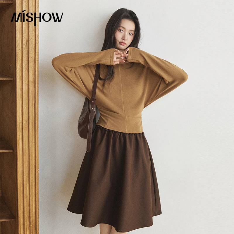 MISHOW Women's Boat Neck Batwing Sleeve Knit Top  2026 Autumn Side Ruched Design Slim Tops Casual Basic Soft Knitwear MXF48T3338