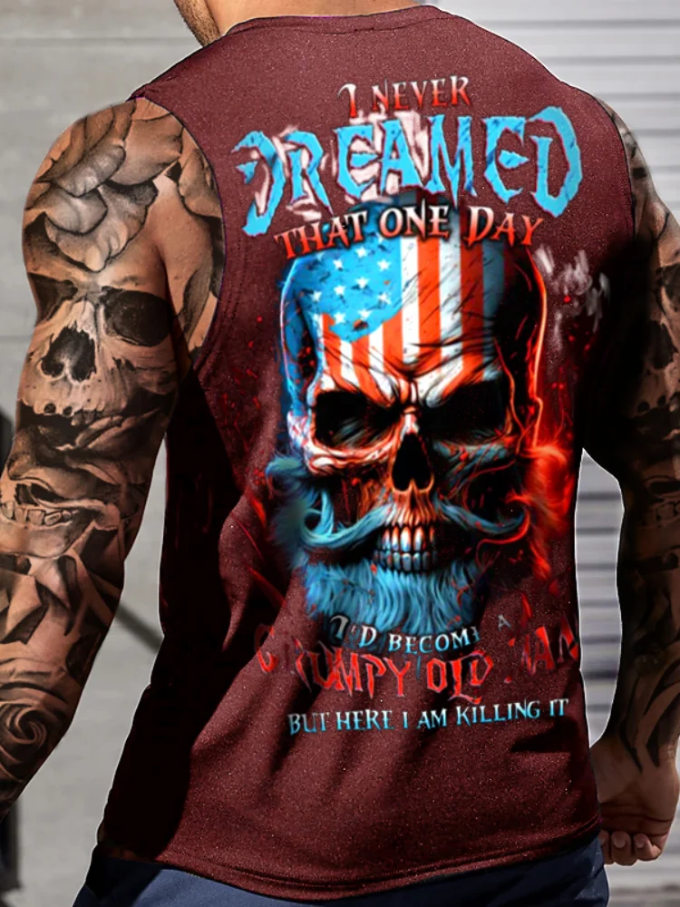 Mens Sleeveless Tank Top Beard Skull American Flag Funny Old Man Slogan Back Print Casual Workout