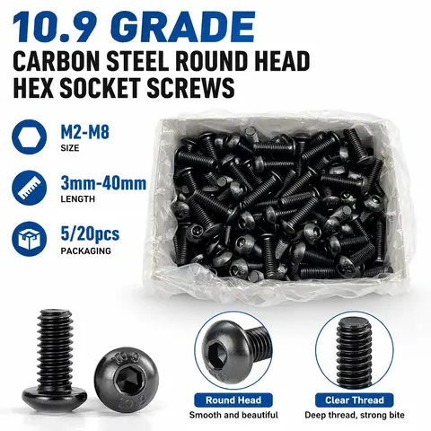 ISO7380 M2 M2.5 M3 M4 M5 M6 M8 Round Black 10.9 Grade Hex Screws Hexagon Screw Cap Socket Button Head Allen Furniture Bolt