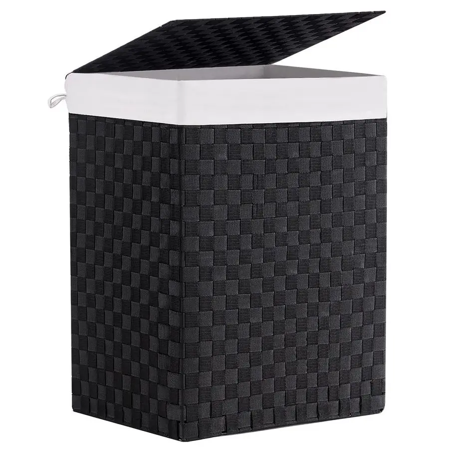 

Handwoven Laundry Basket Hamper with Removable Liner Bag and Lid, Collapsible Clothes Hamper with Handle, Black