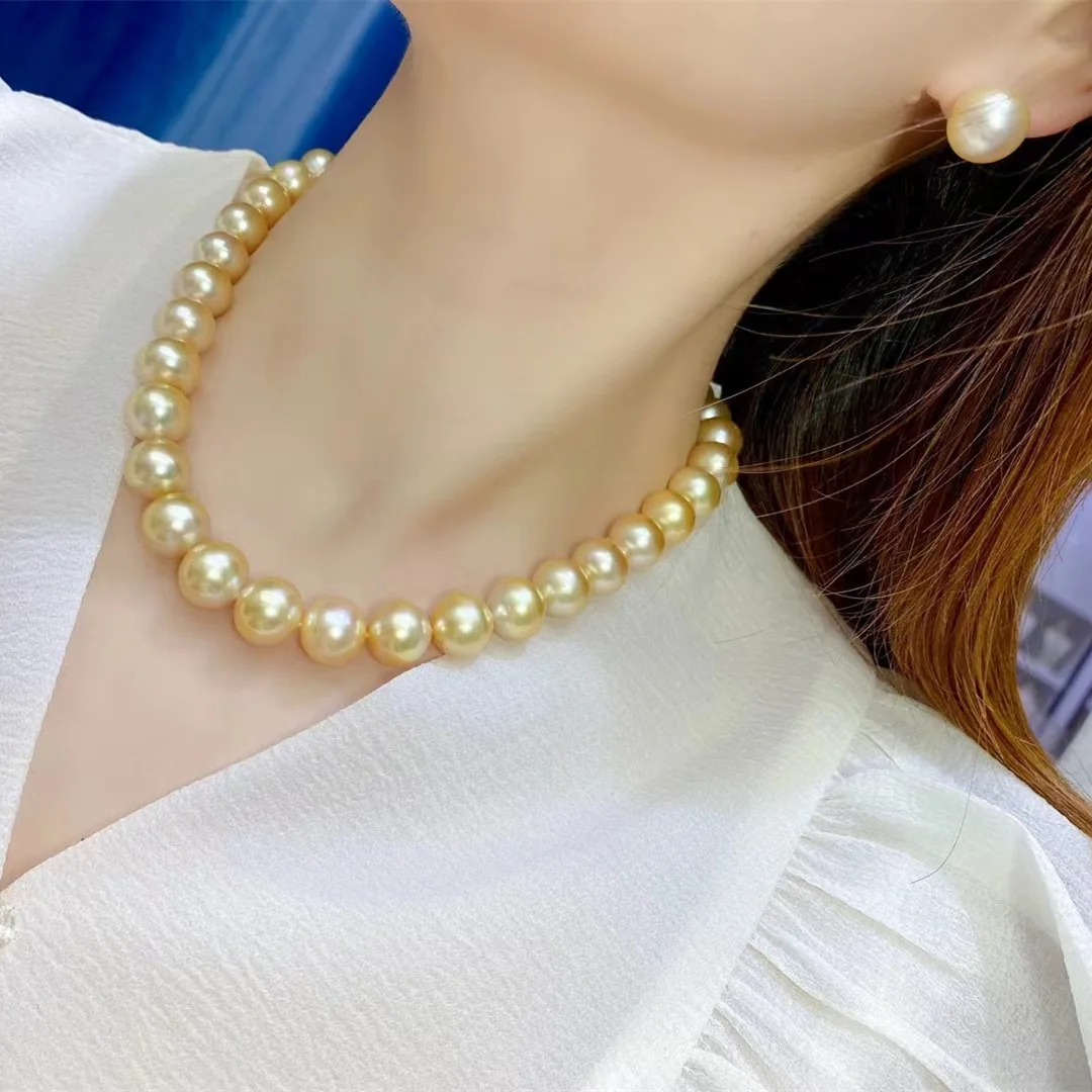 

N Pearl Necklace Natural Color Nanyang Gold Pearl Seawater Pearl Earrings Women's Jewelry Package