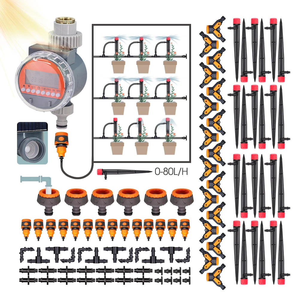 Solar Garden Water Timer 1/4'' Irrigation System Programmable Hose Sprinkler Digital Controller Ball Valve Outdoor Watering Kits