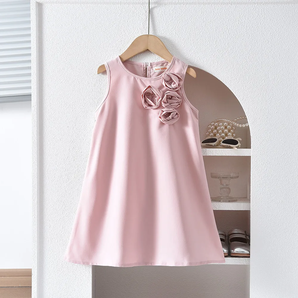 Sweet and Cute Pink Summer New Casual Clothes for Girls Aged 3-7 3D Flower Sleeveless Princess Vest Dress Korean Version