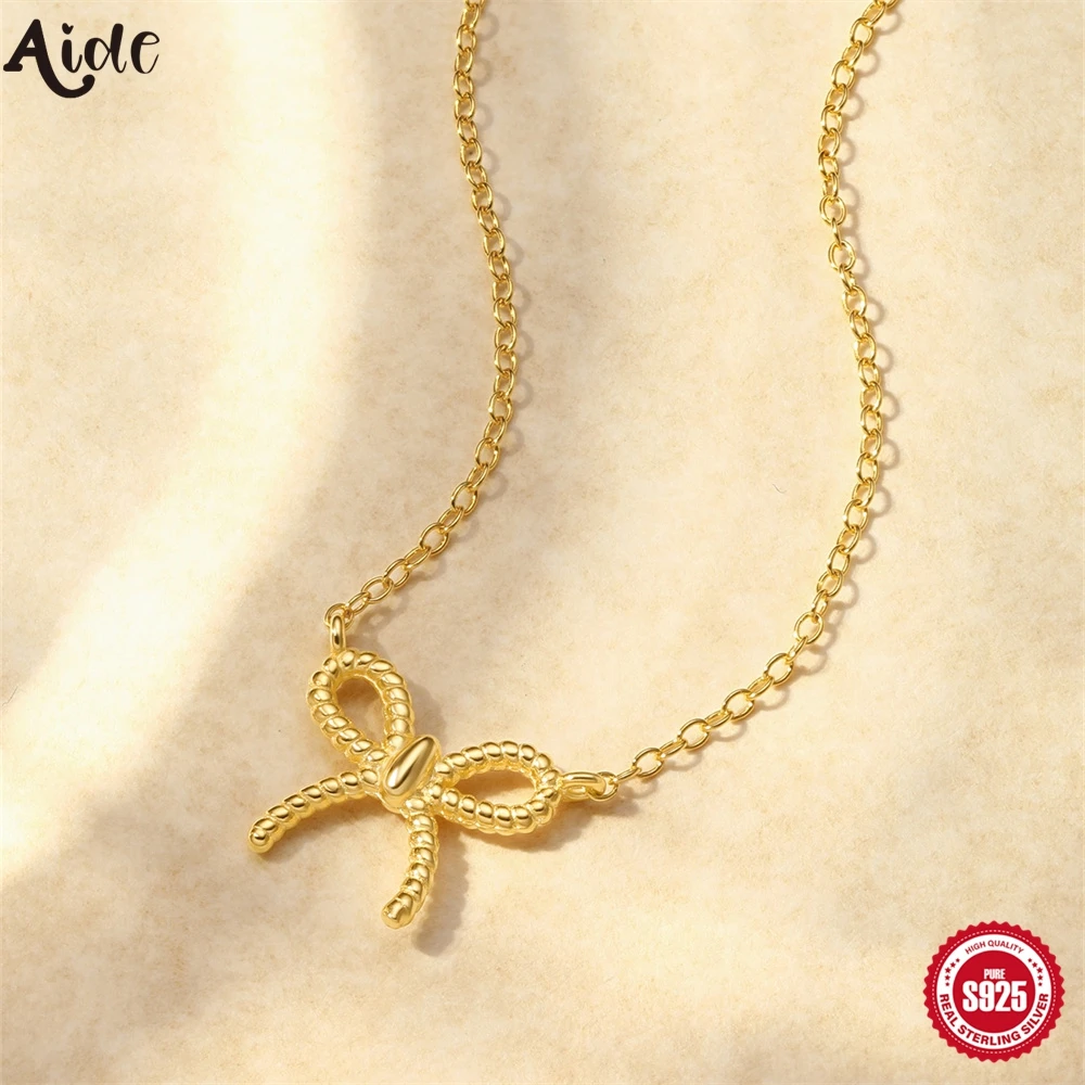 Aide 925 Sterling Silver Delicate Gold Color Bowknot Pendant Necklaces For Women Unique Design Fine Handmade Jewelry Gifts