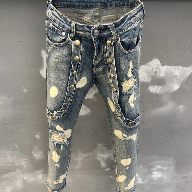 2024 Spring Men Blue Jeans Hole Patchwork Men Jean Hombre Motorcycle Pant Streetwear Print Ripped Jean Elastic Jeans For Men