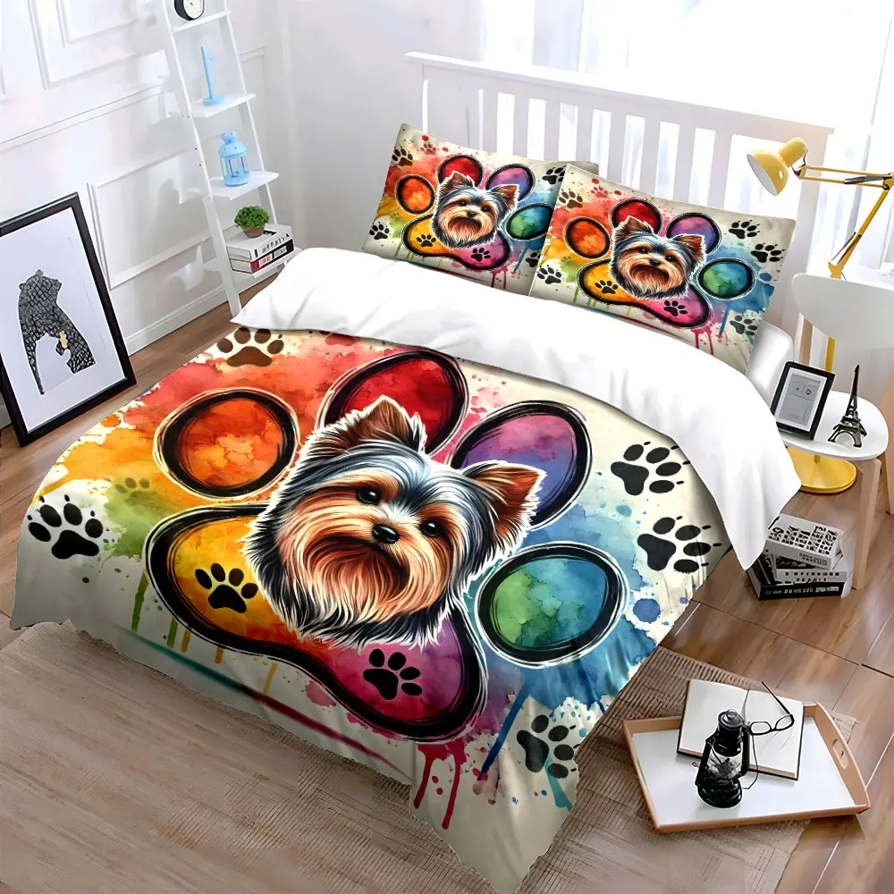 Colorful Dog Paw Print Decor Soft Skin-Friendly Bedding Set Includes 1 Duvet Cover And 2 Pillowcase, Gift