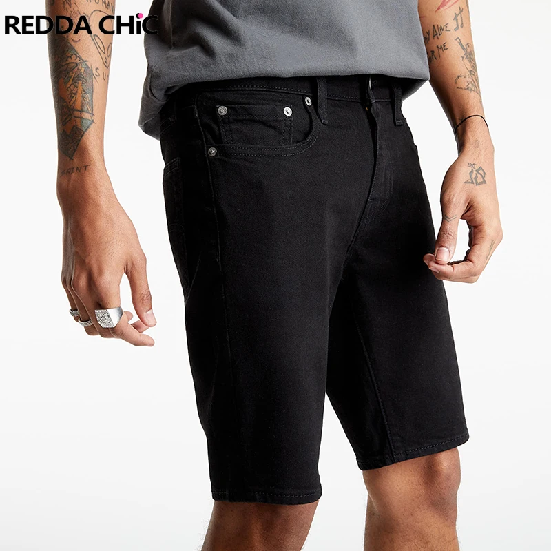 REDDACHIC Casual Solid Men's Denim Shorts Cleanfit Black White Short Pants Cropped Jeans Korean Male Trousers Hiphop Streetweear