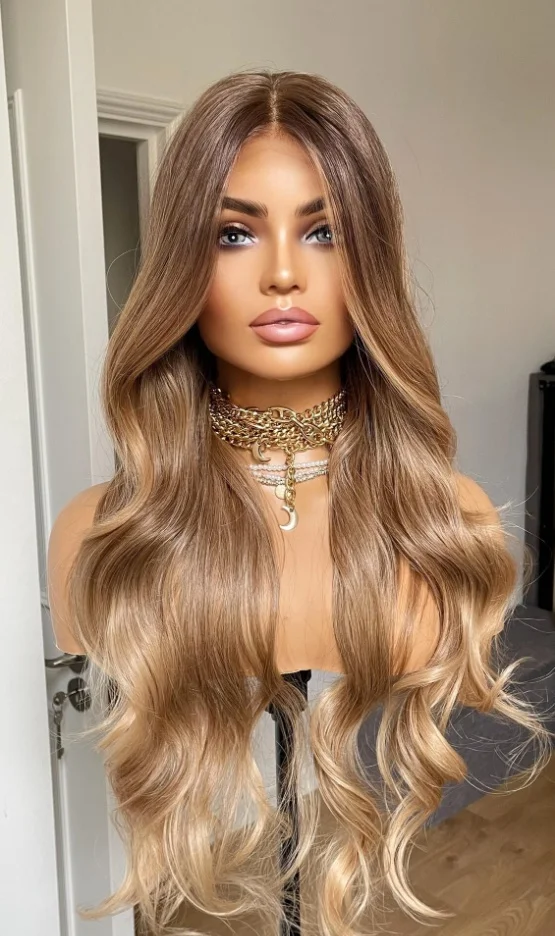 Peluca con malla frontal sintética ondulada para mujer, pelo largo rubio miel con reflejos, pelucas superiores de encaje, Cosplay de Futura, uso diario en liquidación