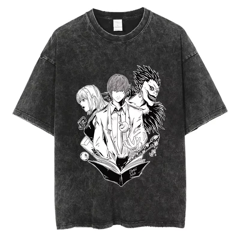 Mode Streetwear Unisex Top T-Shirt Harajuku Vintage Washed T-Shirts Death Note Anime Grafik-Druck Shirt Übergroße Baumwolle – Detail 17